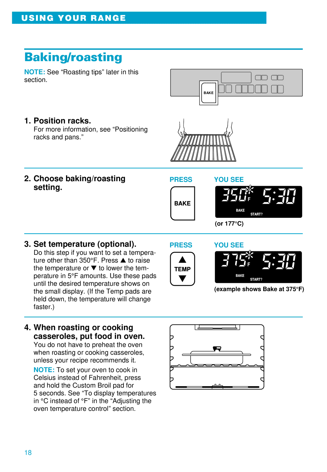 Whirlpool RS675PXE warranty Baking/roasting, Position racks, Choose baking/roasting setting, Set temperature optional 