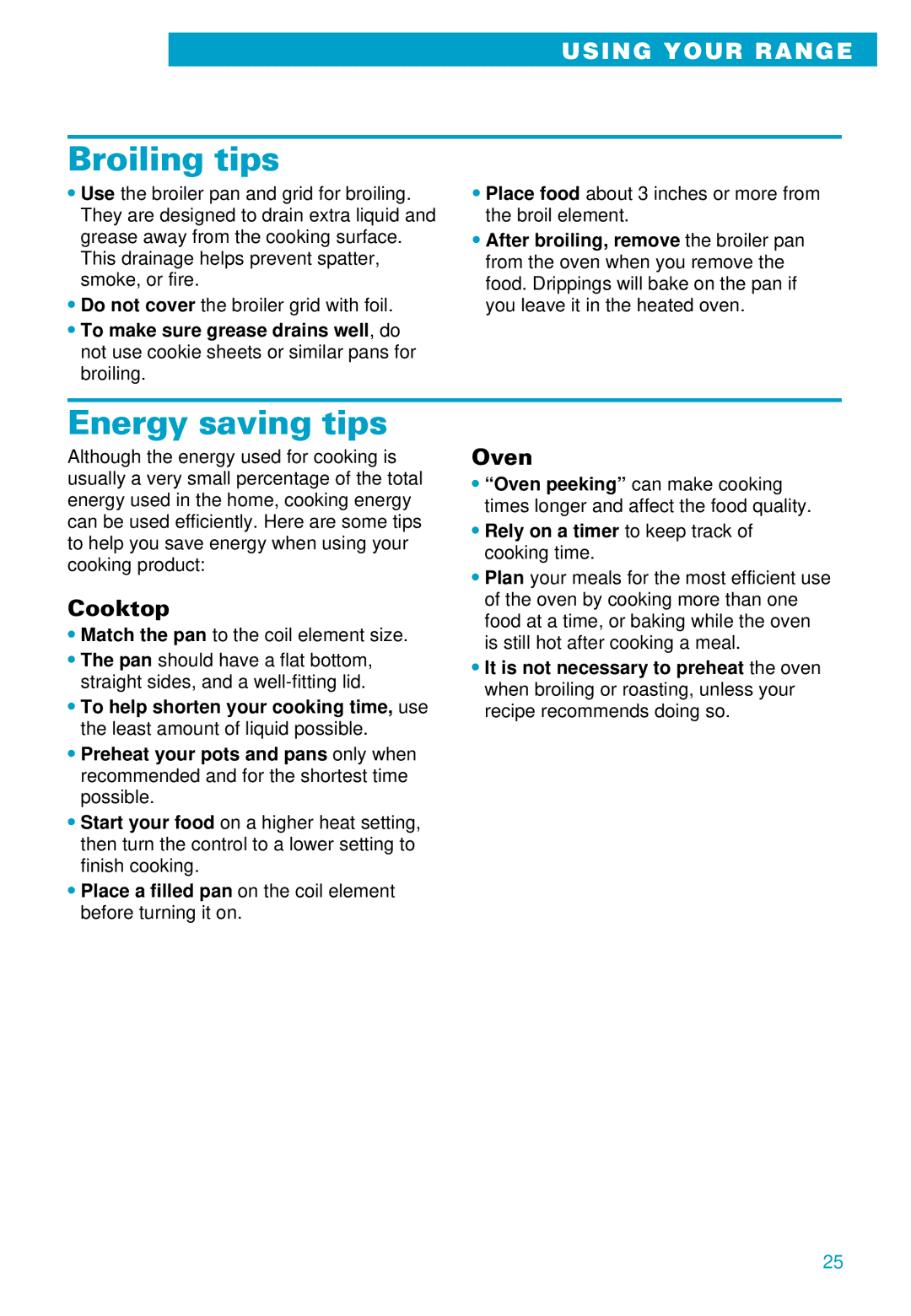 Whirlpool RS675PXE warranty Broiling tips, Energy saving tips, Cooktop, Oven 