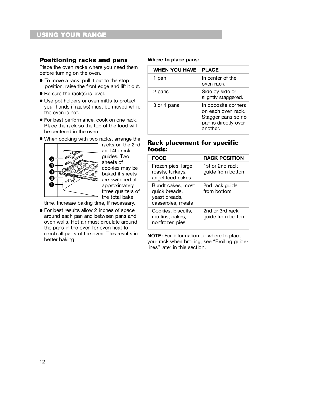 Whirlpool RS675PXG, RS696PXG warranty Positioning racks and pans, Rack placement for specific foods 