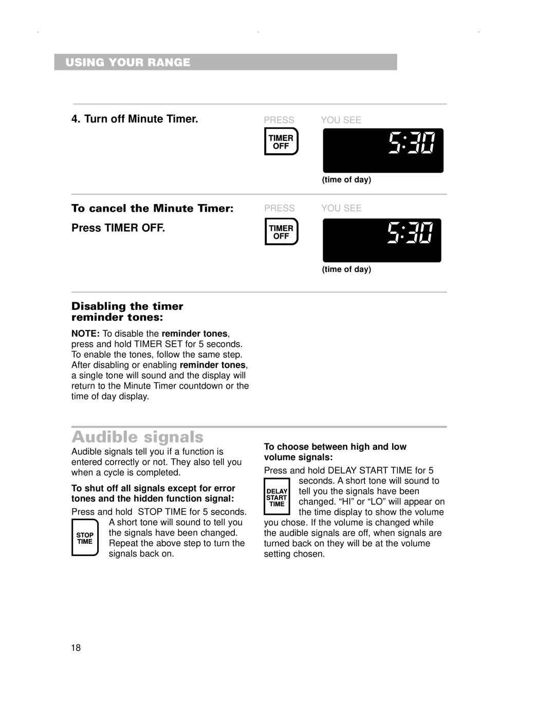 Whirlpool RS675PXG, RS696PXG warranty Audible signals, Turn off Minute Timer, To cancel the Minute Timer Press Timer OFF 