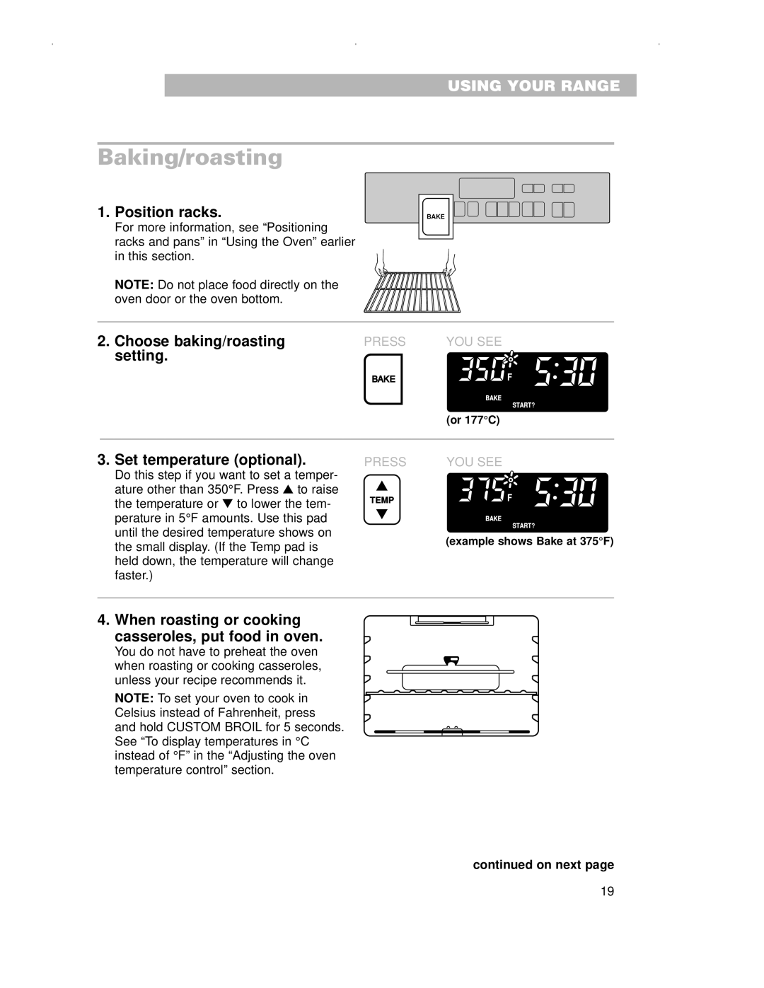 Whirlpool RS696PXG, RS675PXG Baking/roasting, Position racks, Choose baking/roasting setting, Set temperature optional 