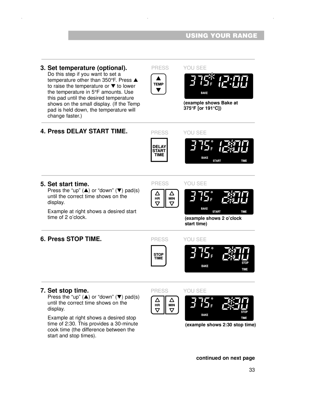 Whirlpool RS696PXG, RS675PXG warranty Press Delay Start Time, Press Stop Time 