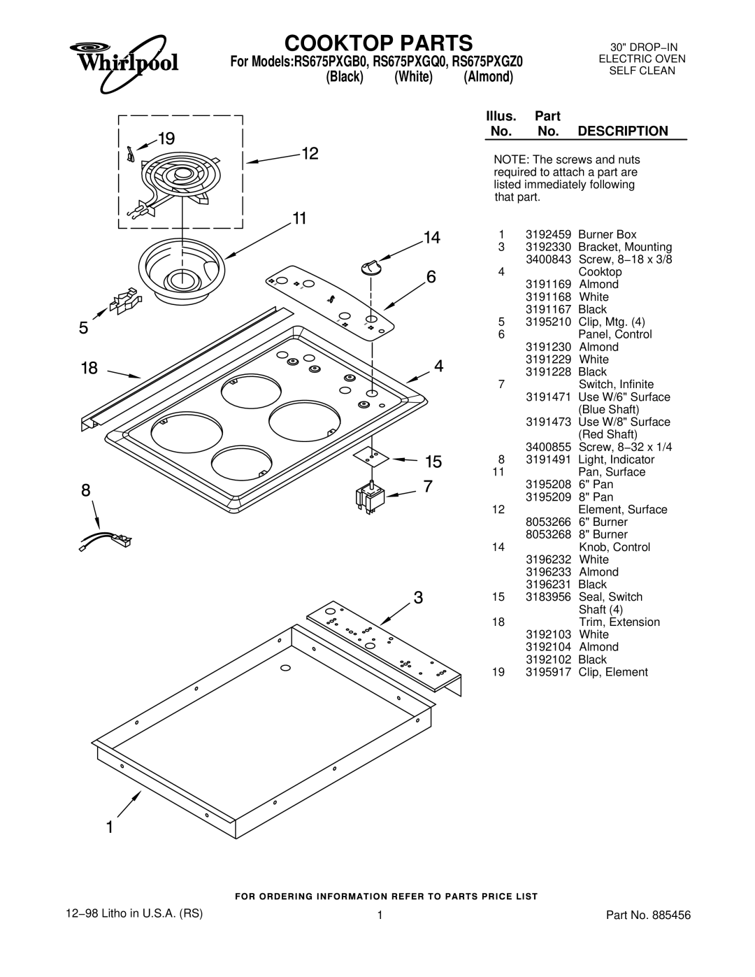 Whirlpool RS675PXGB0, RS675PXGQ0, RS675PXGZ0 manual Cooktop Parts, Description 