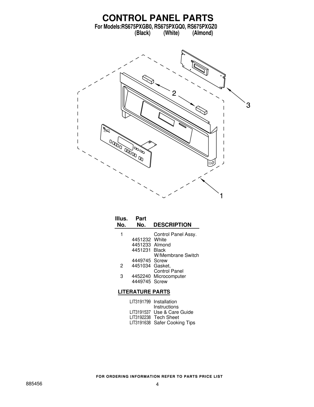 Whirlpool RS675PXGB0, RS675PXGQ0, RS675PXGZ0 manual Control Panel Parts, Literature Parts 