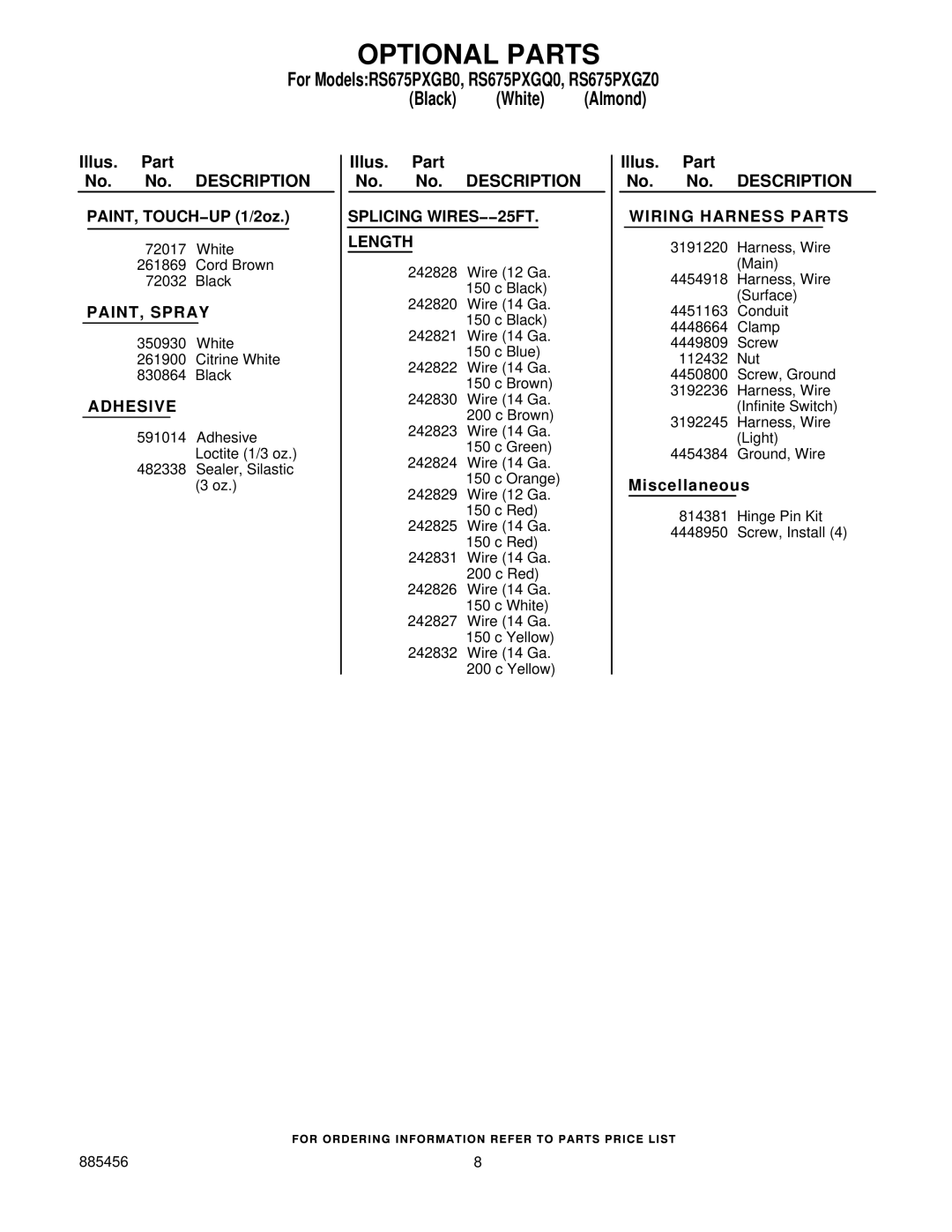 Whirlpool RS675PXGZ0, RS675PXGQ0 Optional Parts, PAINT, Spray, Adhesive, Splicing WIRES−−25FT Length, Wiring Harness Parts 