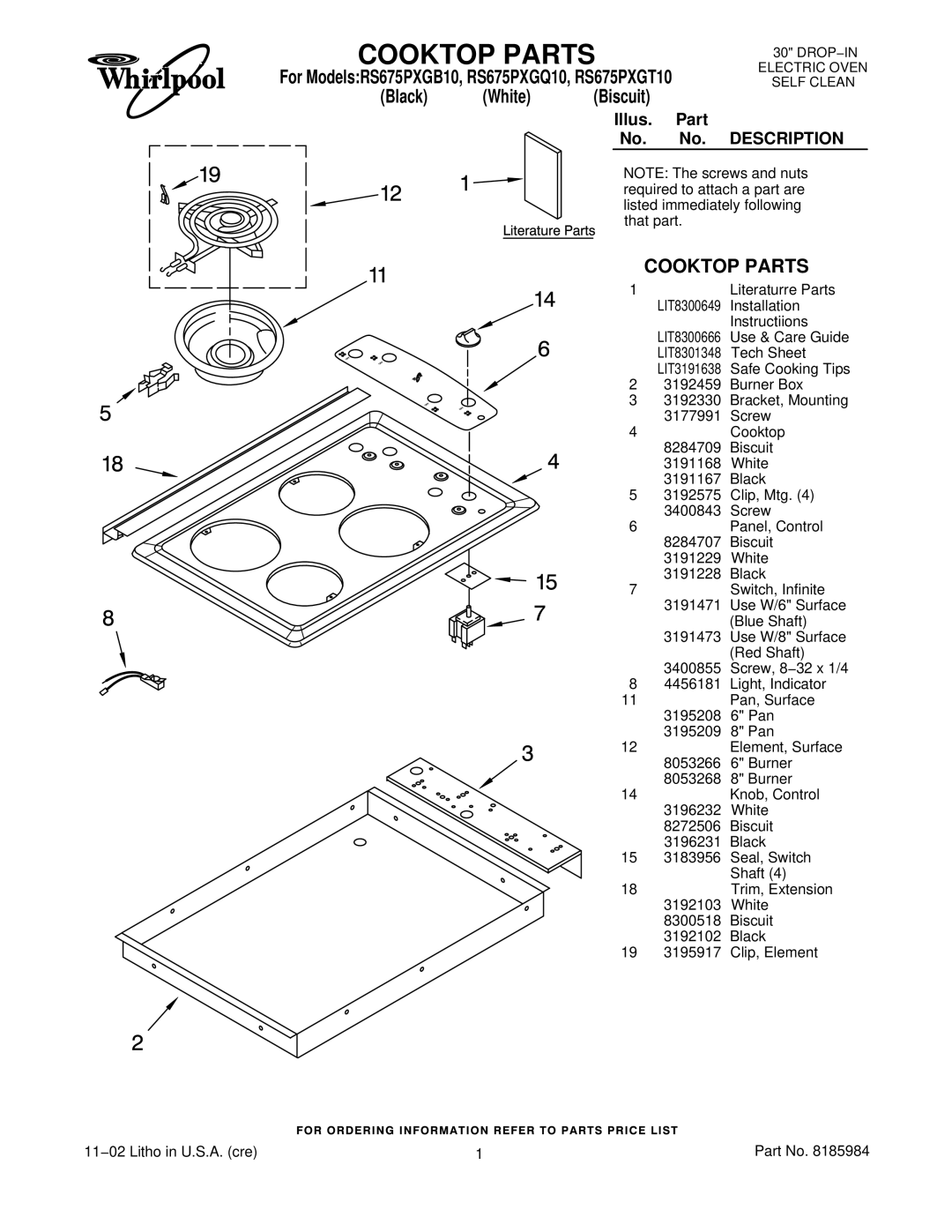 Whirlpool RS675PXGB10, RS675PXGQ10, RS675PXGT10 manual Cooktop Parts 