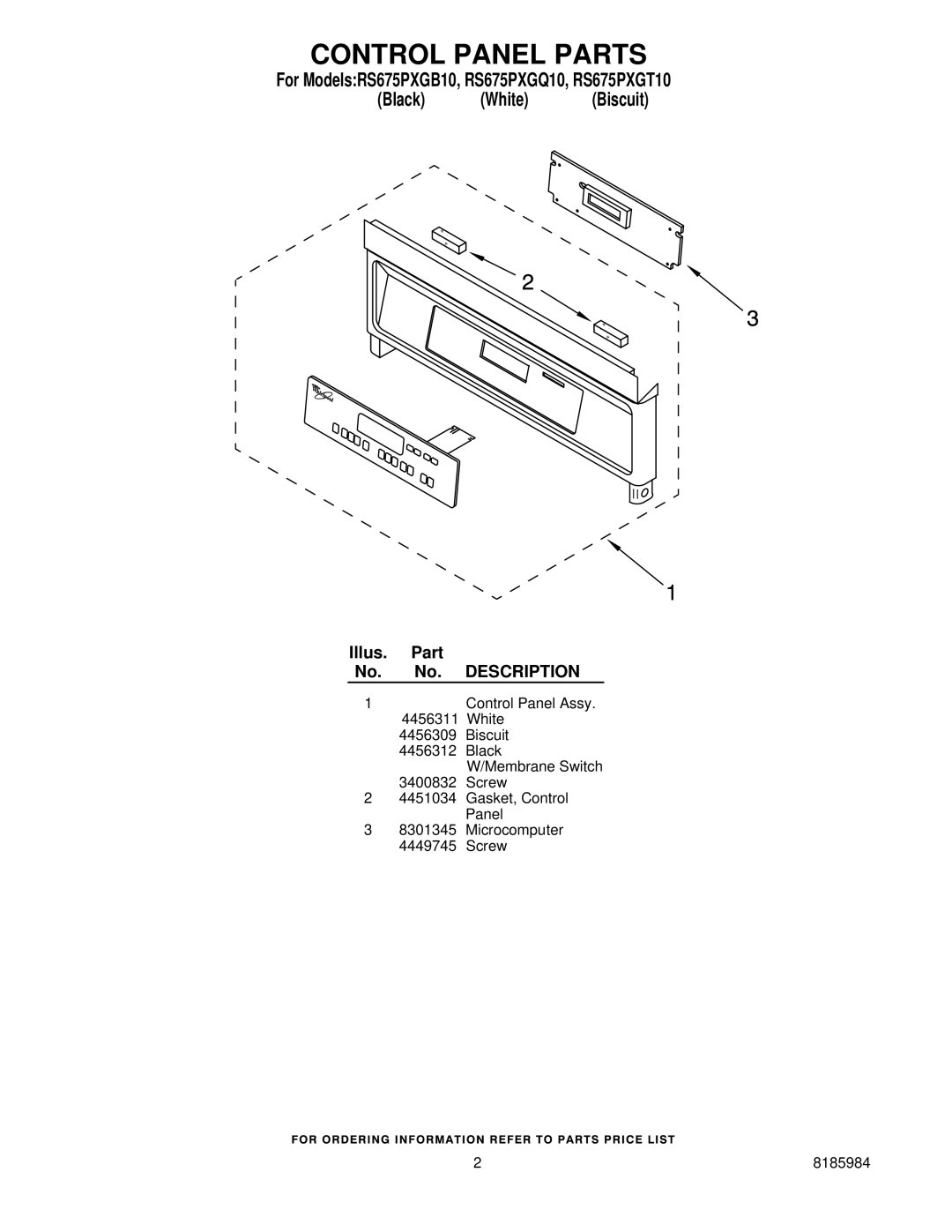 Whirlpool RS675PXGT10, RS675PXGQ10, RS675PXGB10 manual Control Panel Parts 