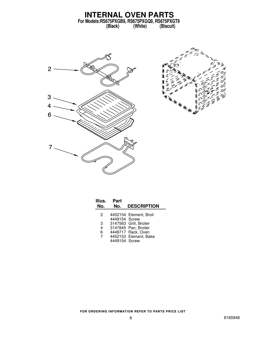 Whirlpool RS675PXGQ9, RS675PXGT9, RS675PXGB9 manual Internal Oven Parts 