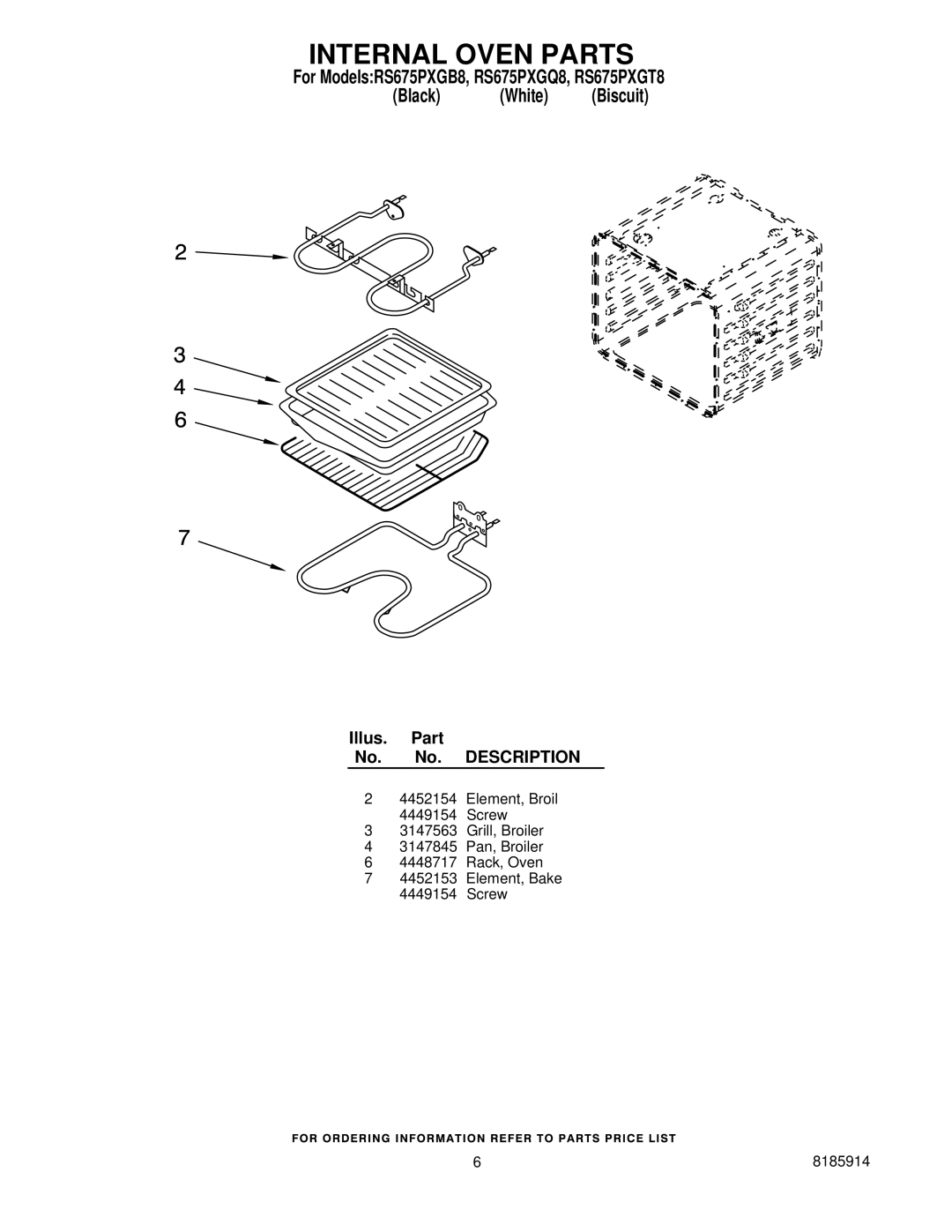 Whirlpool RS675PXGT8, RS675PXGQ8, RS675PXGB8 manual Internal Oven Parts 