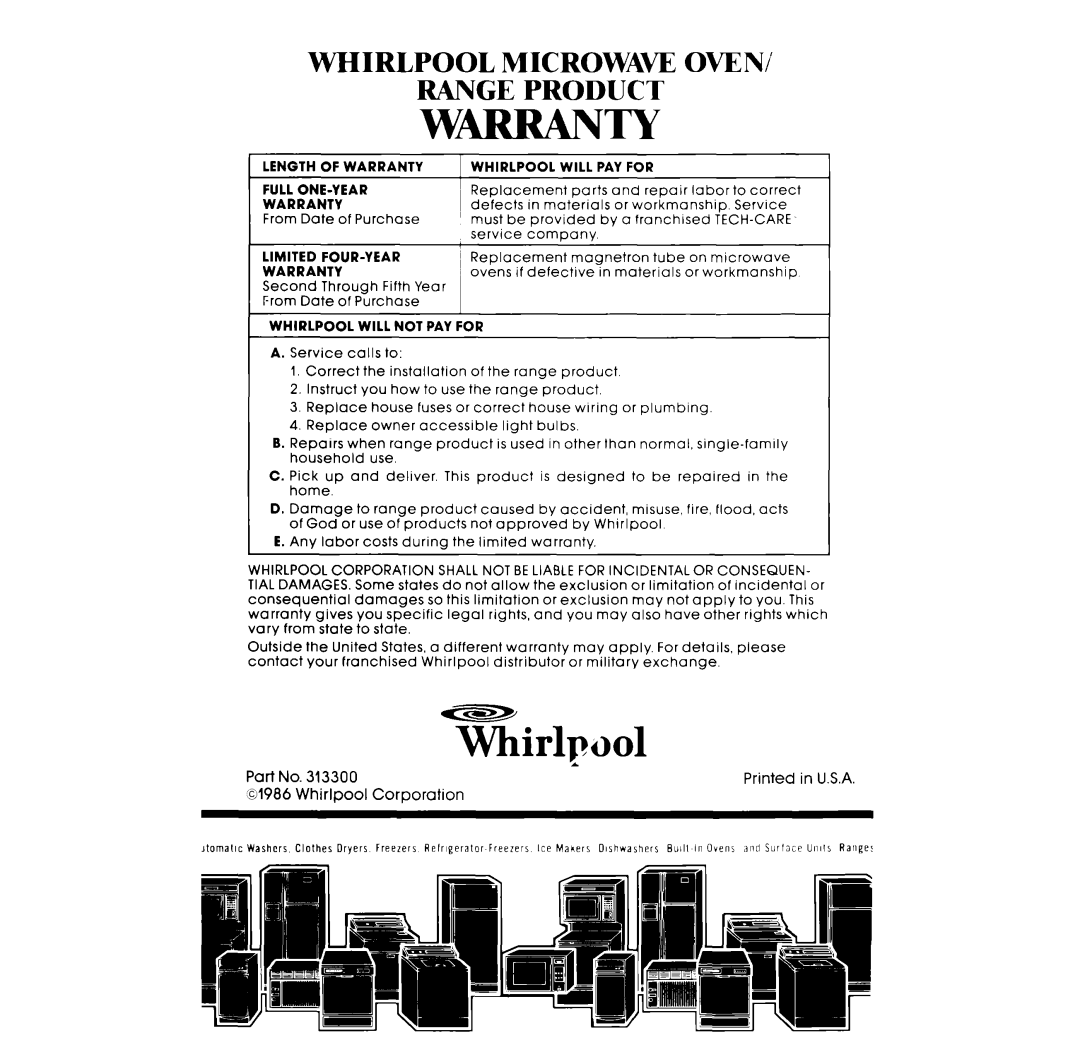 Whirlpool RS675PXK manual Vvarranty, Whirlpool Microwaw Oven Range Product 