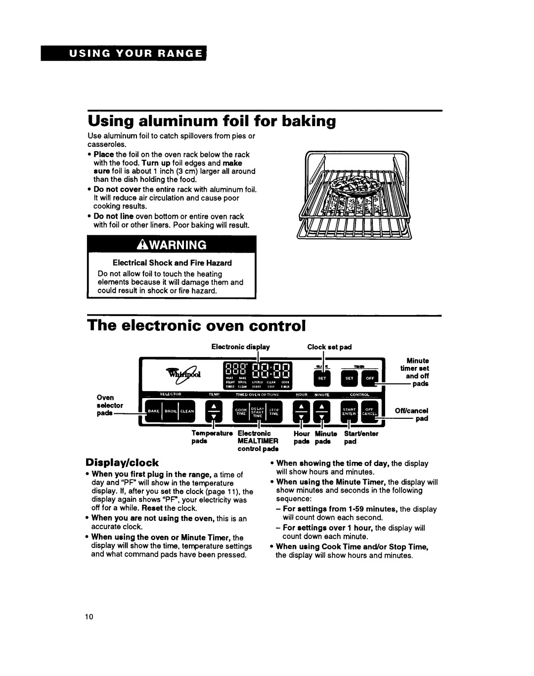 Whirlpool RS675PXY, RS6755XY manual Using aluminum foil for baking, Electronic oven control, Display/clock, Mealtimer 