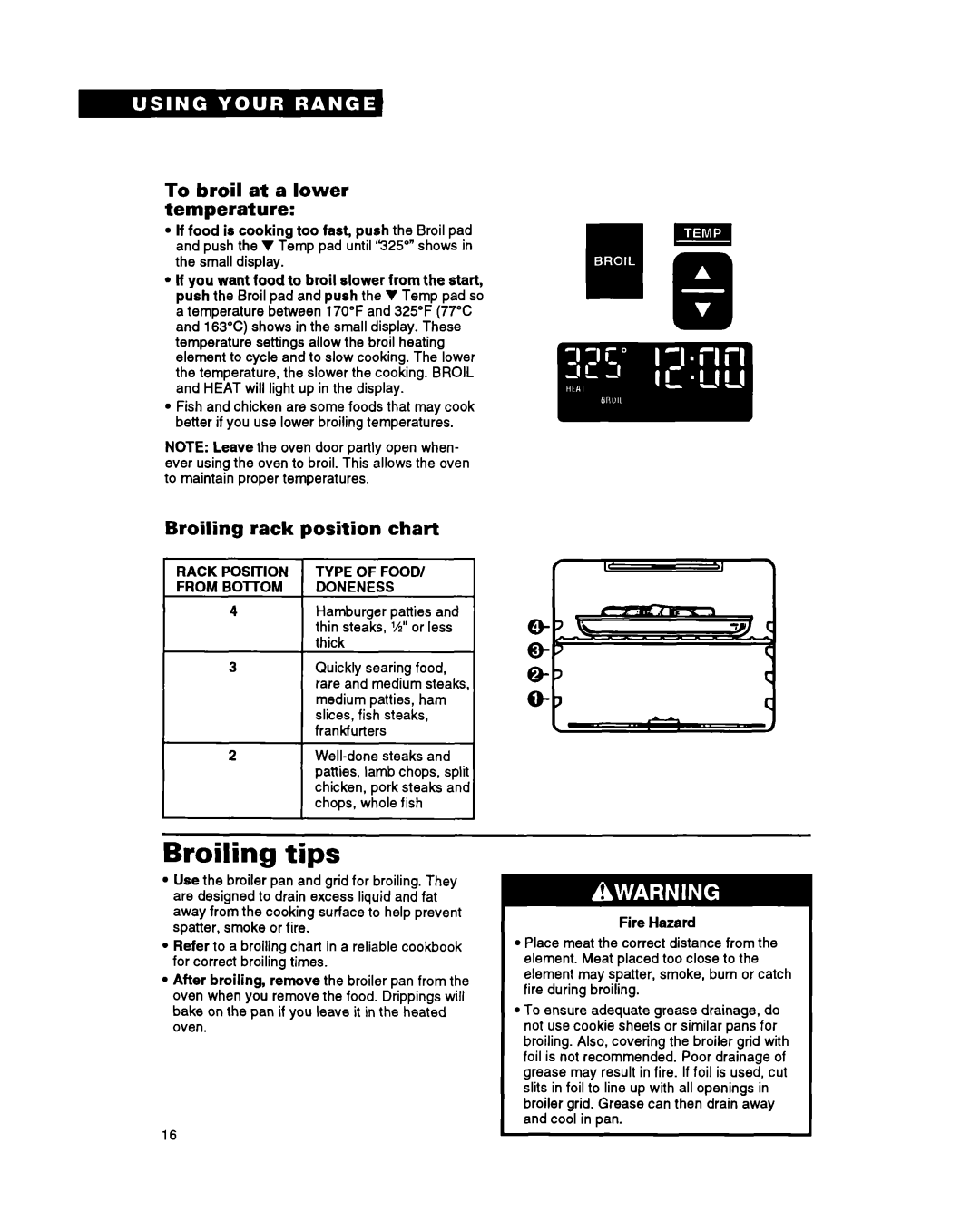 Whirlpool RS675PXY, RS6755XY manual Broiling tips, To broil at a lower temperature, Broiling rack position chart, Doneness 