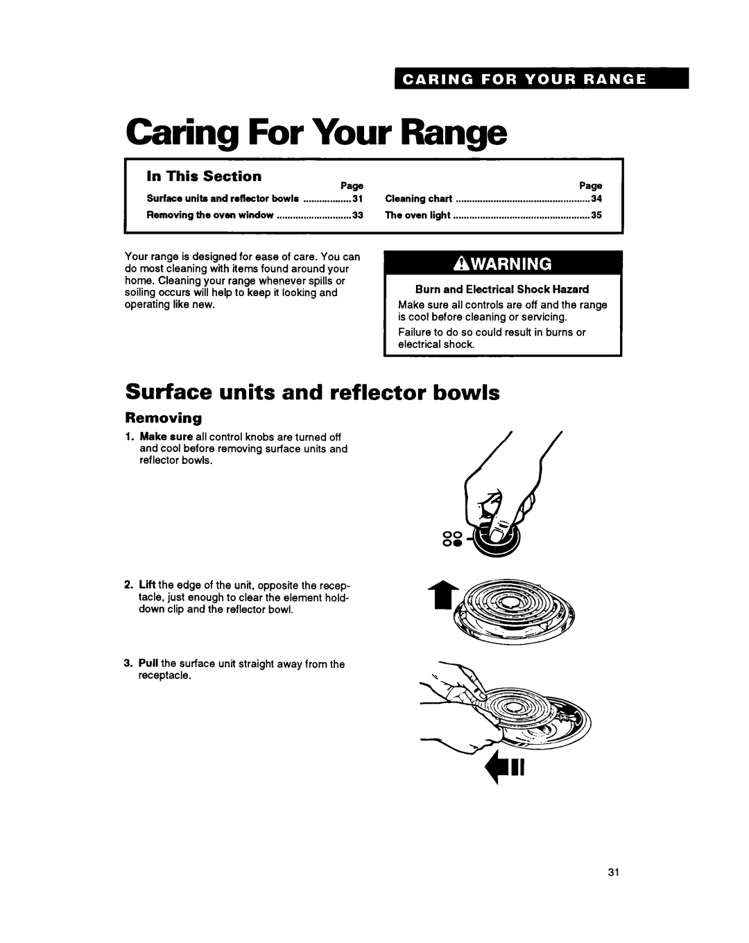 Whirlpool RS6755XY, RS675PXY manual Caring For Your Range, Surface units and reflector bowls, Removing 