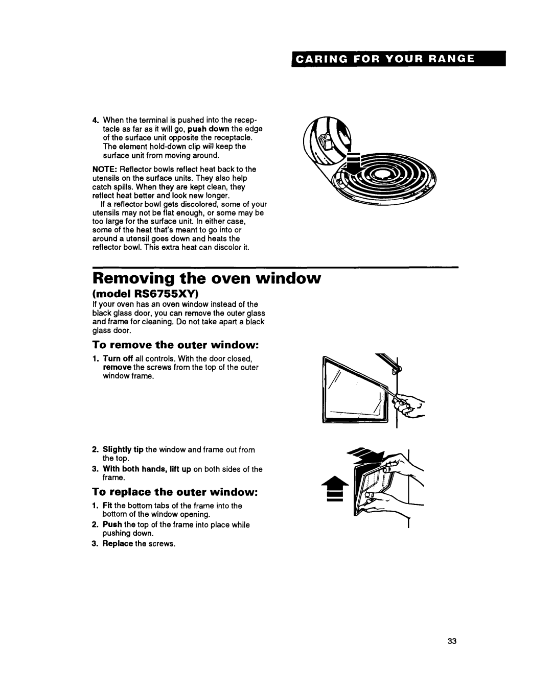 Whirlpool RS675PXY Removing the oven window, Model RS6755XY, To remove the outer window, To replace the outer window 