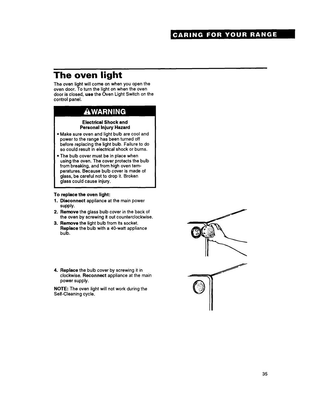 Whirlpool RS6755XY, RS675PXY manual Oven light 