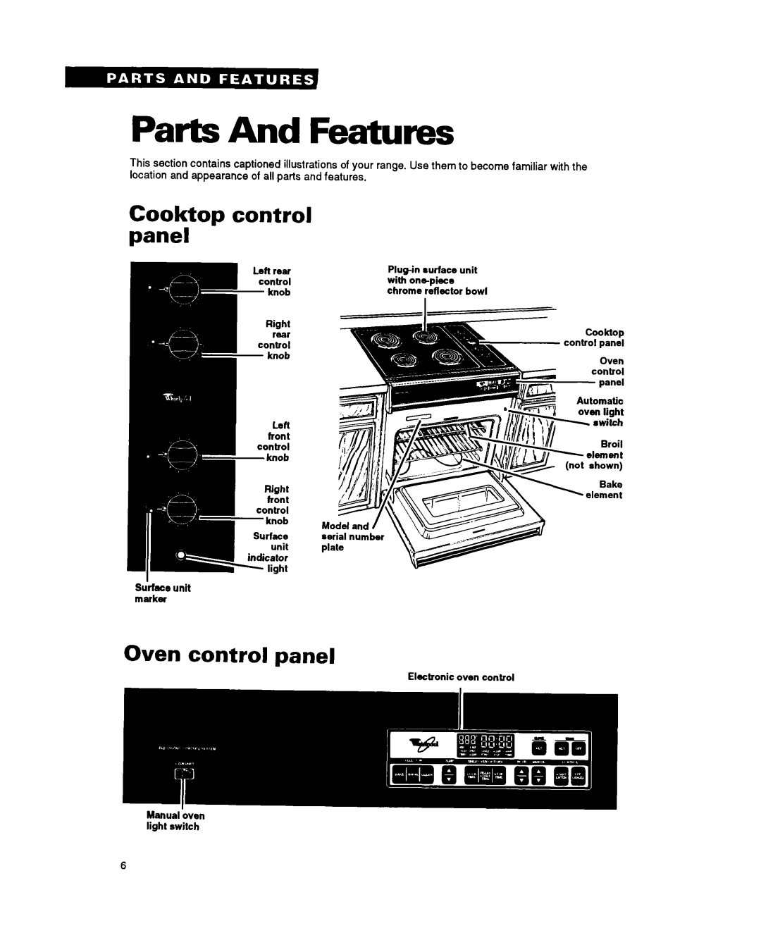 Whirlpool RS675PXY, RS6755XY manual Parts And Features, Cooktop control panel, Oven control panel 