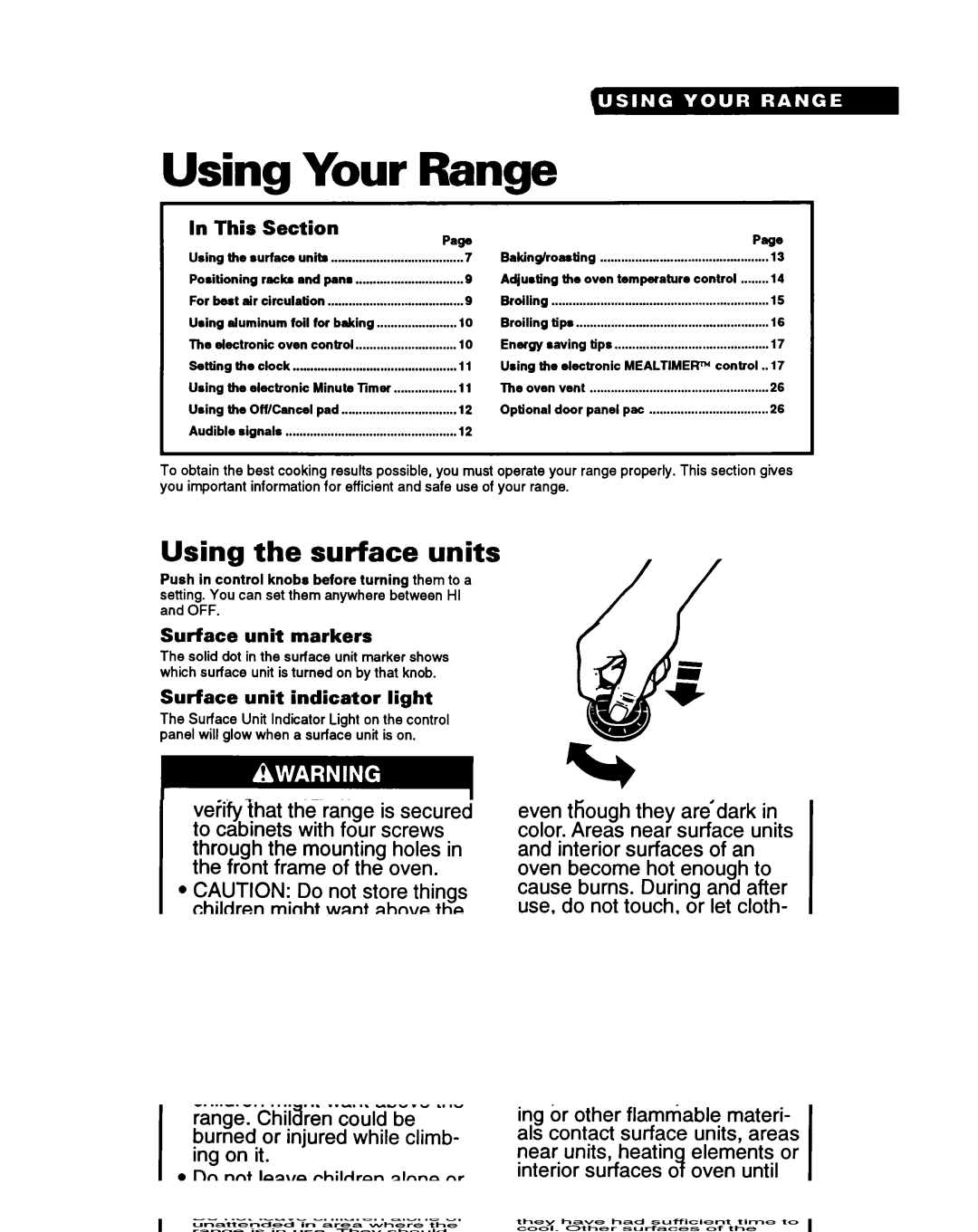 Whirlpool RS6755XY, RS675PXY manual Using Your Range, Using the surface units, This Section, Surface unit markers 