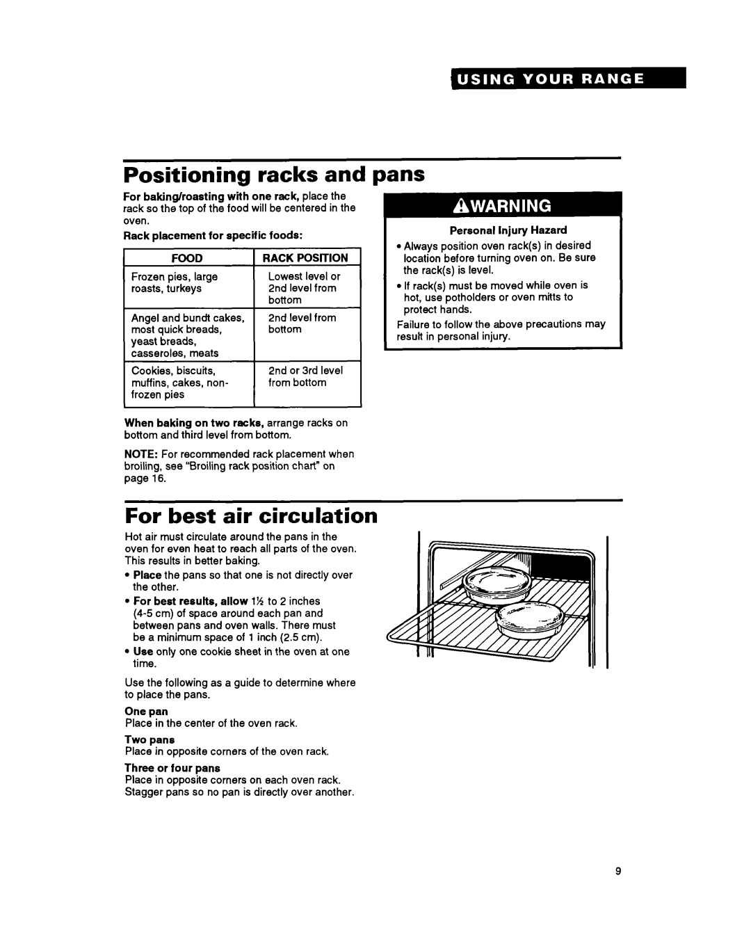 Whirlpool RS6755XY, RS675PXY manual Positioning racks and pans, For best air circulation, Food Rack Position 