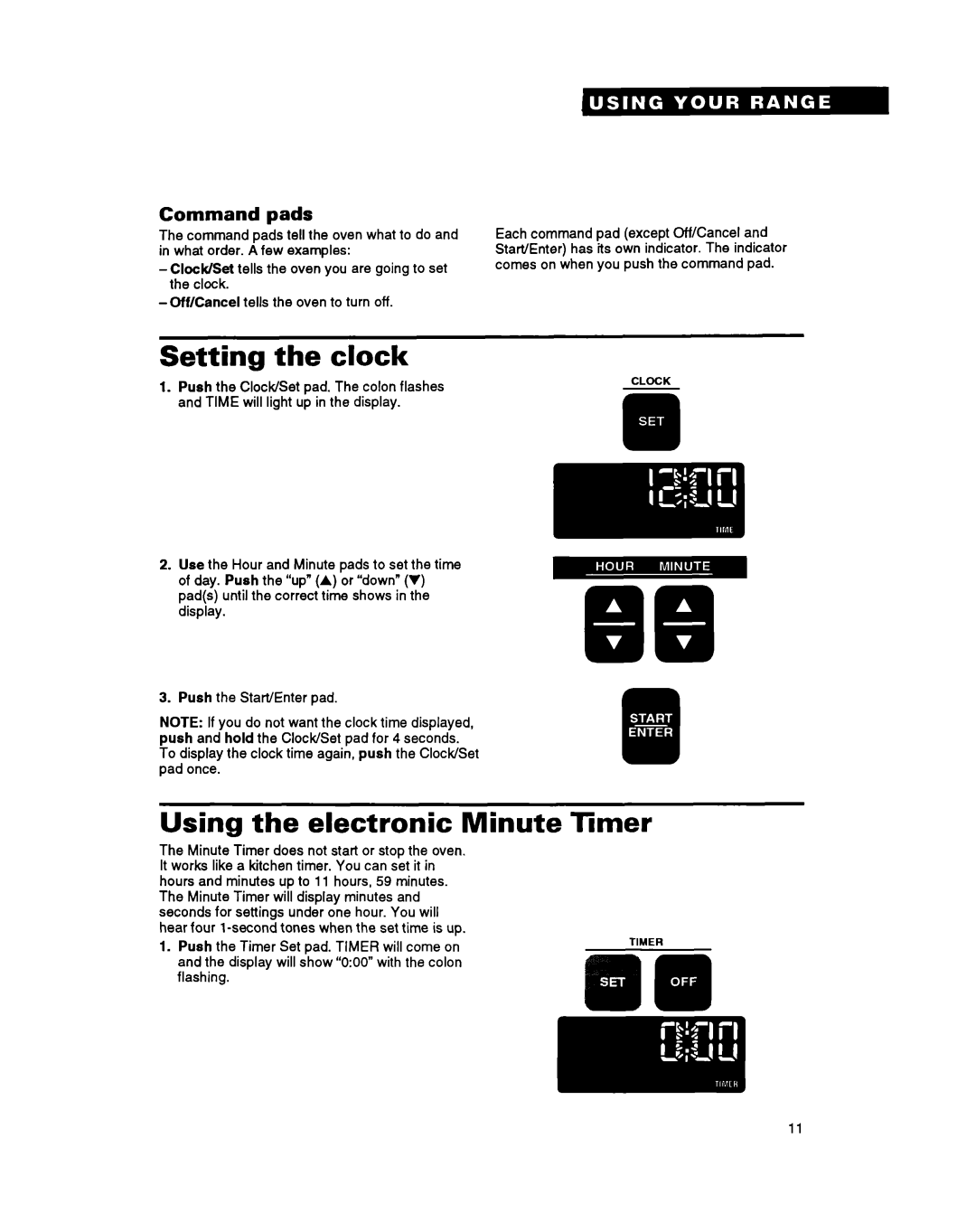 Whirlpool RS6755XY, RS675PXY manual Setting the clock, Using the electronic Minute, Timer, Command pads 