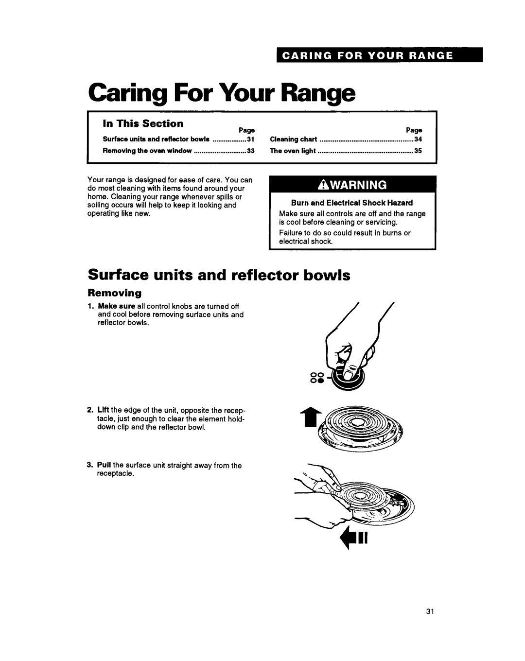 Whirlpool RS6755XY, RS675PXY Caring For Your Range, Surface units and reflector bowls, In This, Section, Page, Removing 