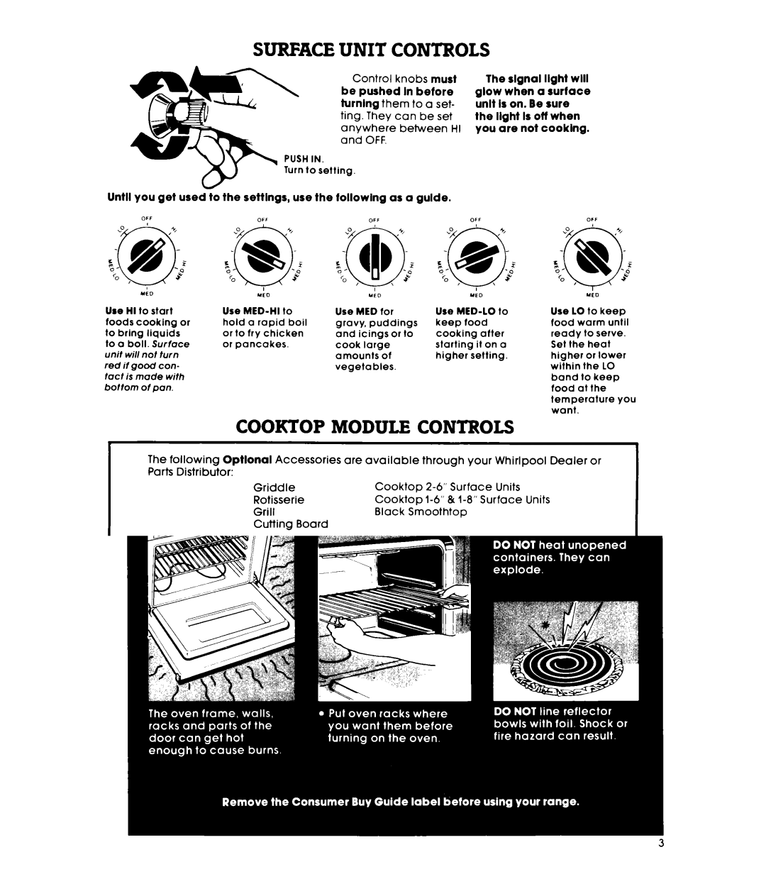 Whirlpool RS676PXL warranty Surface Unit Controls, Cooktop Module Controls, Off 