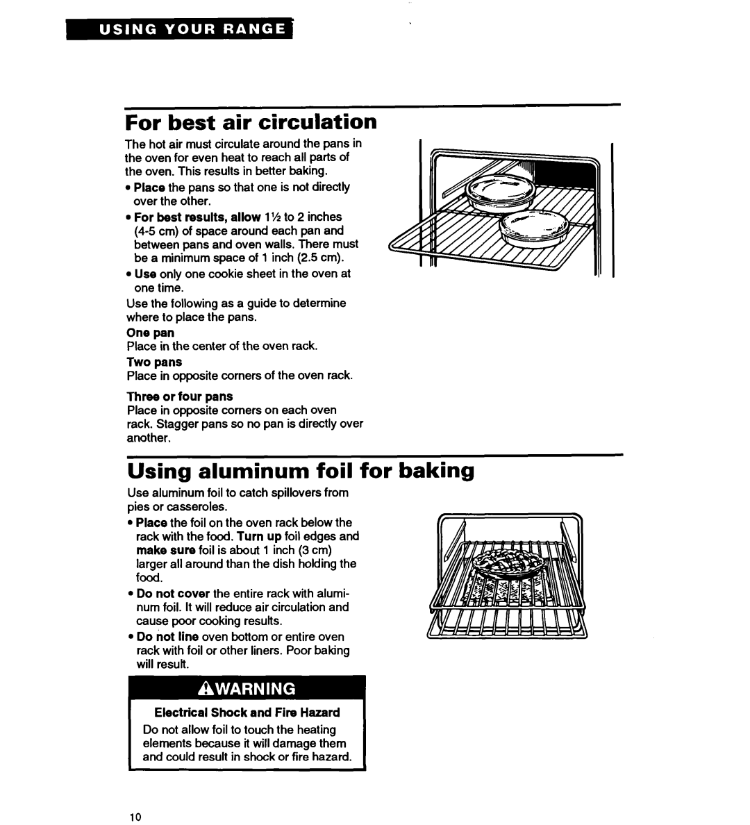 Whirlpool RS677PX important safety instructions For best air circulation, Using aluminum foil for baking 