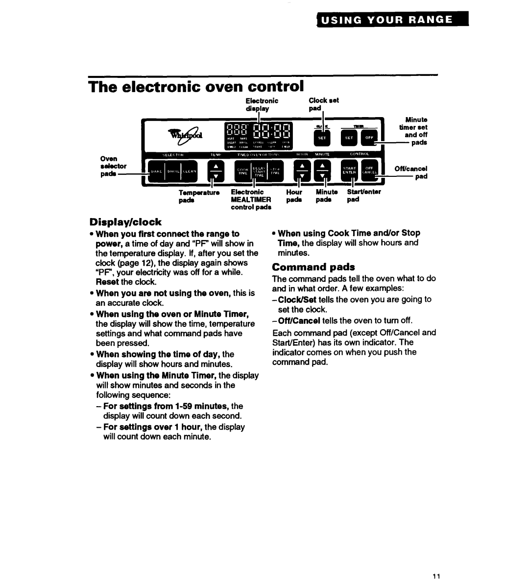 Whirlpool RS677PX important safety instructions Electronic oven control, Display/clock, Command pads 