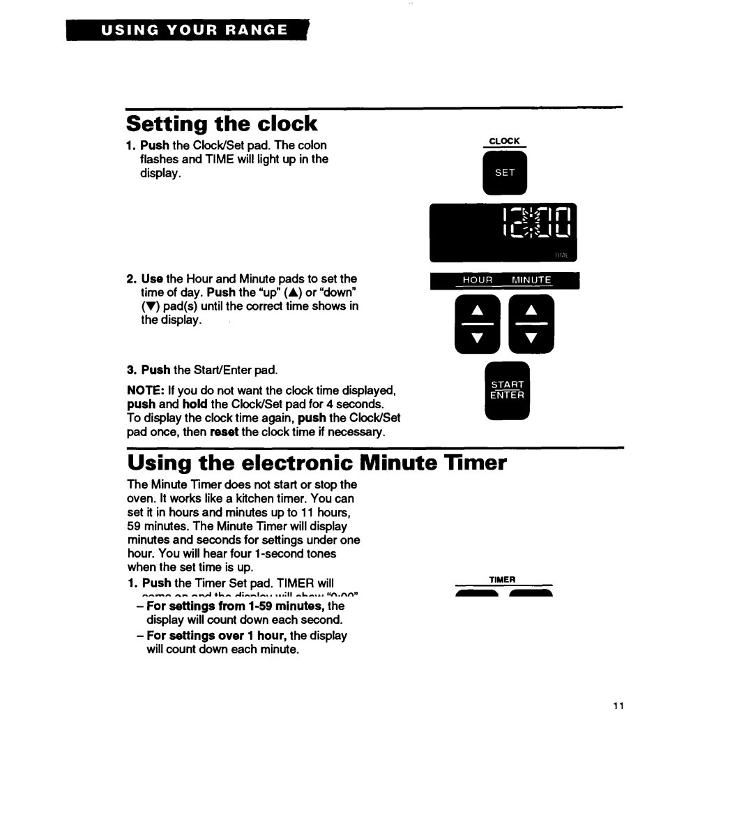 Whirlpool RS677PX important safety instructions Setting the clock, Using the electronic Minute Timer 