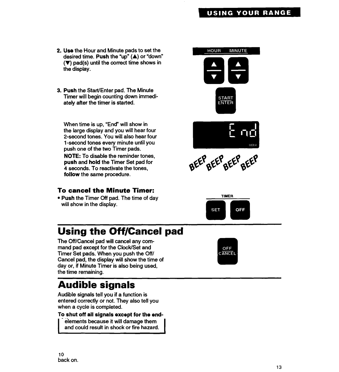 Whirlpool RS677PX important safety instructions Using the Off/Cancel pad, Audible signals, To cancel the Minute Timer 