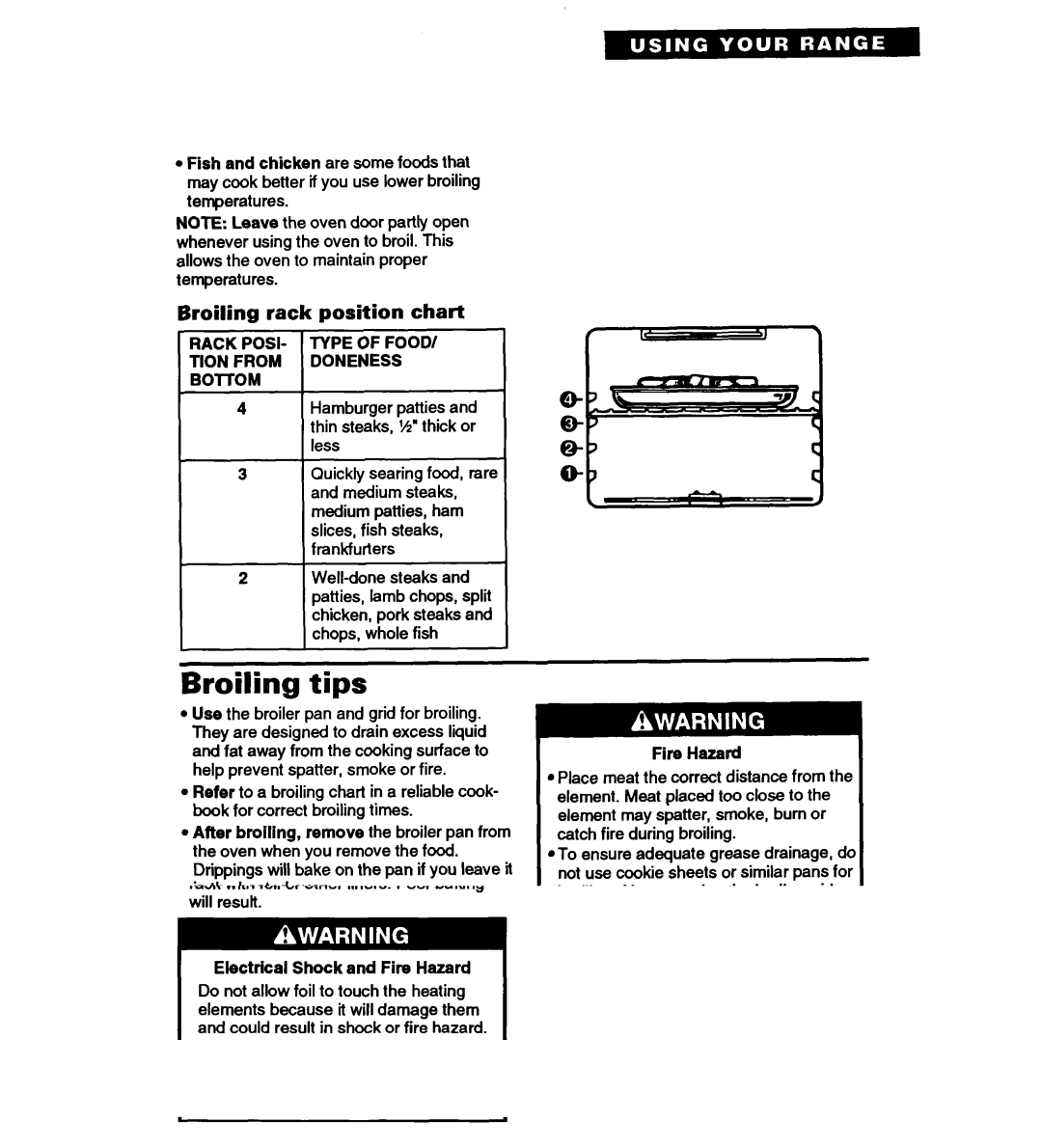 Whirlpool RS677PX Broiling tips, Broiling rack position chart, Rack POSI- Type of Food Tion from Doneness, BOlTOM 