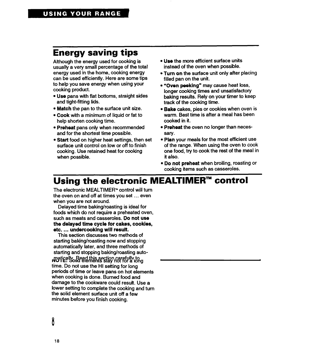 Whirlpool RS677PX important safety instructions Energy saving tips, Using the electronic Mealtimer control 