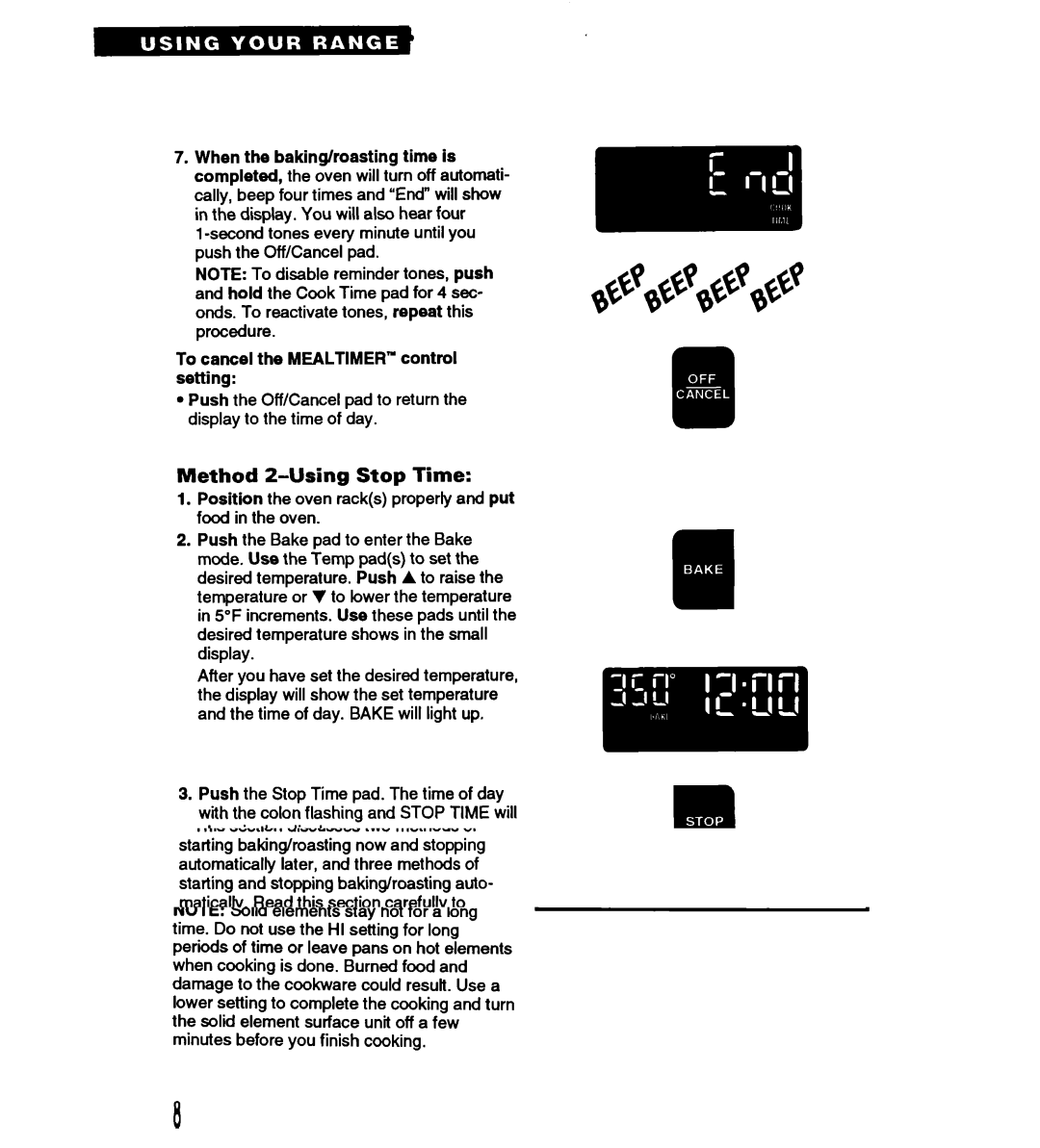 Whirlpool RS677PX important safety instructions Method 2-Using Stop Time, To cancel the MEALTIMERm control setting 