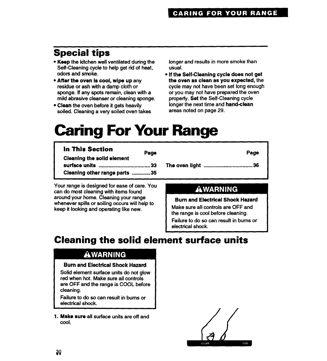 Whirlpool RS677PX Caring For Your Range, Special tips, Cleanina the solid element surface units, This 