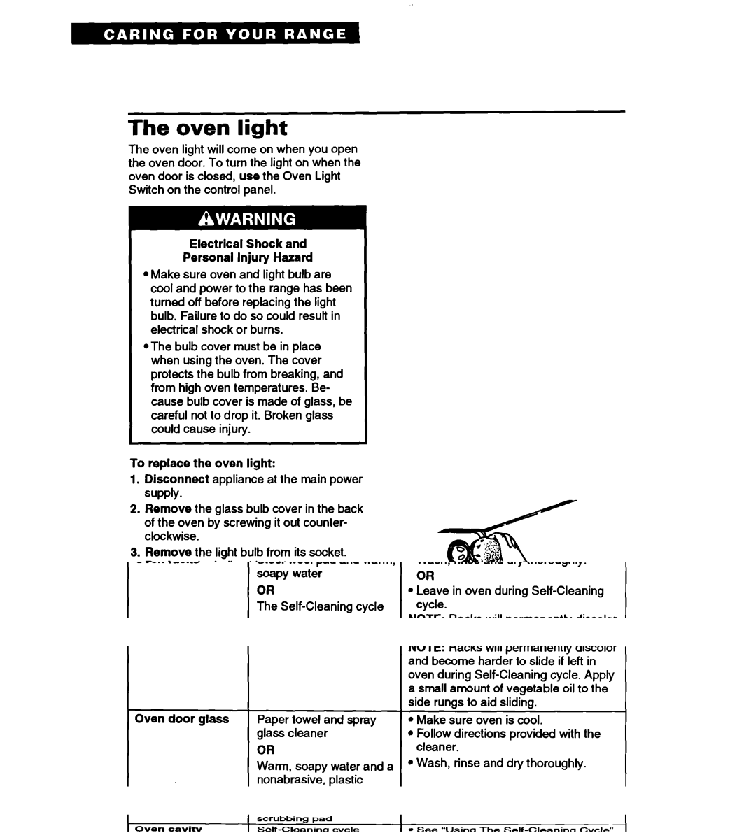 Whirlpool RS677PX Oven light, Electrical Shock Personal Injury Hazard, To replace the oven light 