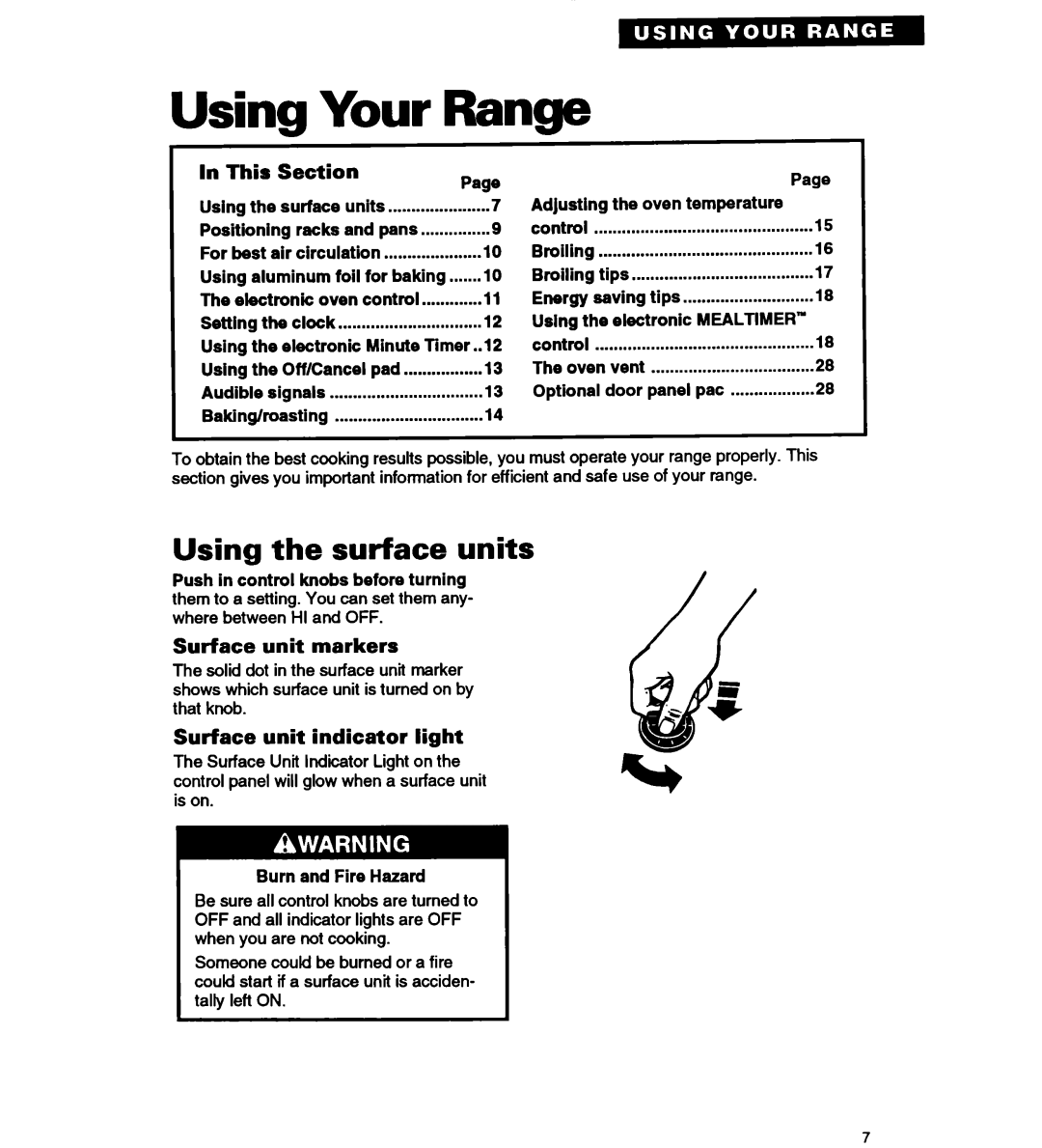 Whirlpool RS677PX Your Range, Using the surface units, This Section, Surface unit markers, Surface unit indicator light 