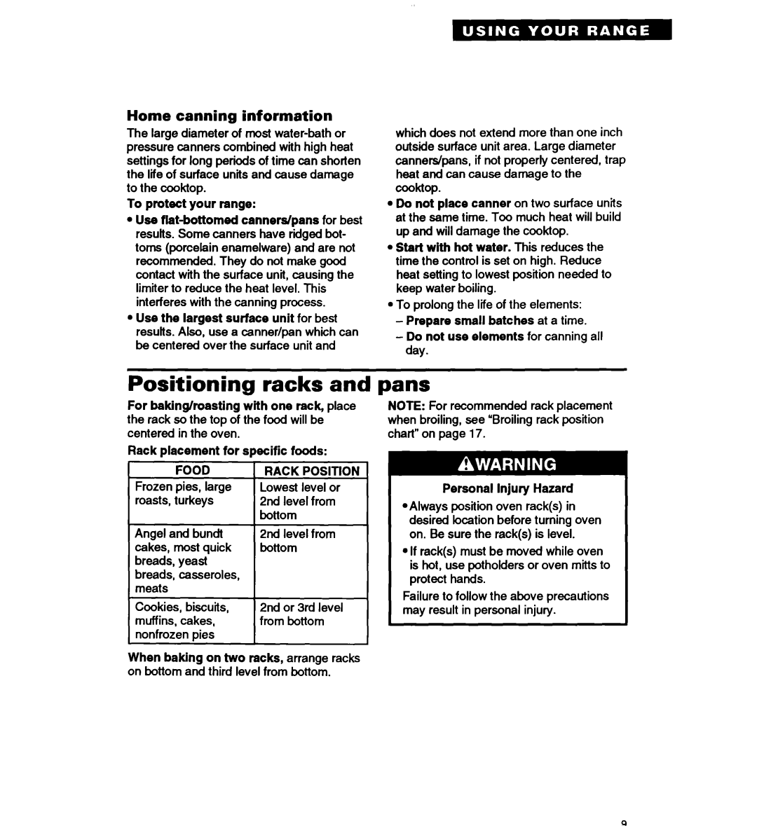 Whirlpool RS677PX important safety instructions Positioning racks, Pans, Home canning information, Food Rack Position 