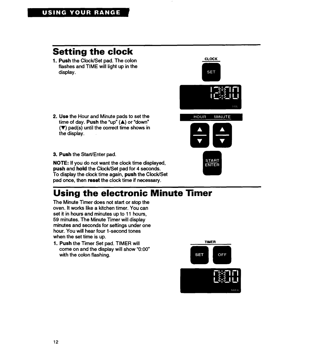 Whirlpool RS677PX important safety instructions Setting the clock, Using the electronic Minute Timer 
