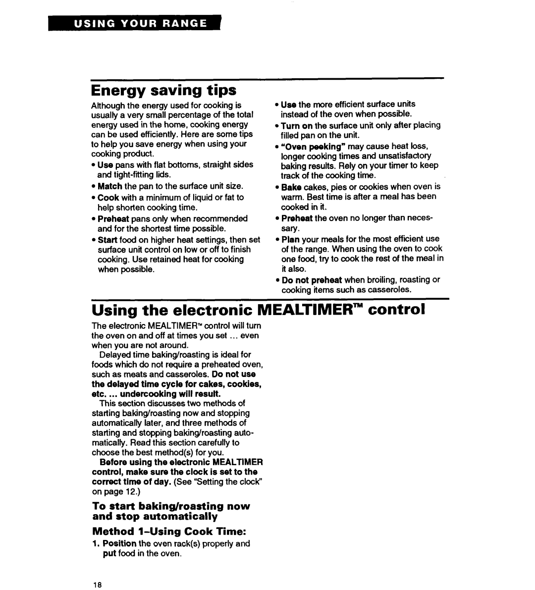 Whirlpool RS677PX Energy saving tips, Using the electronic MEALTIMER” control, Method l-UsingCook Time 