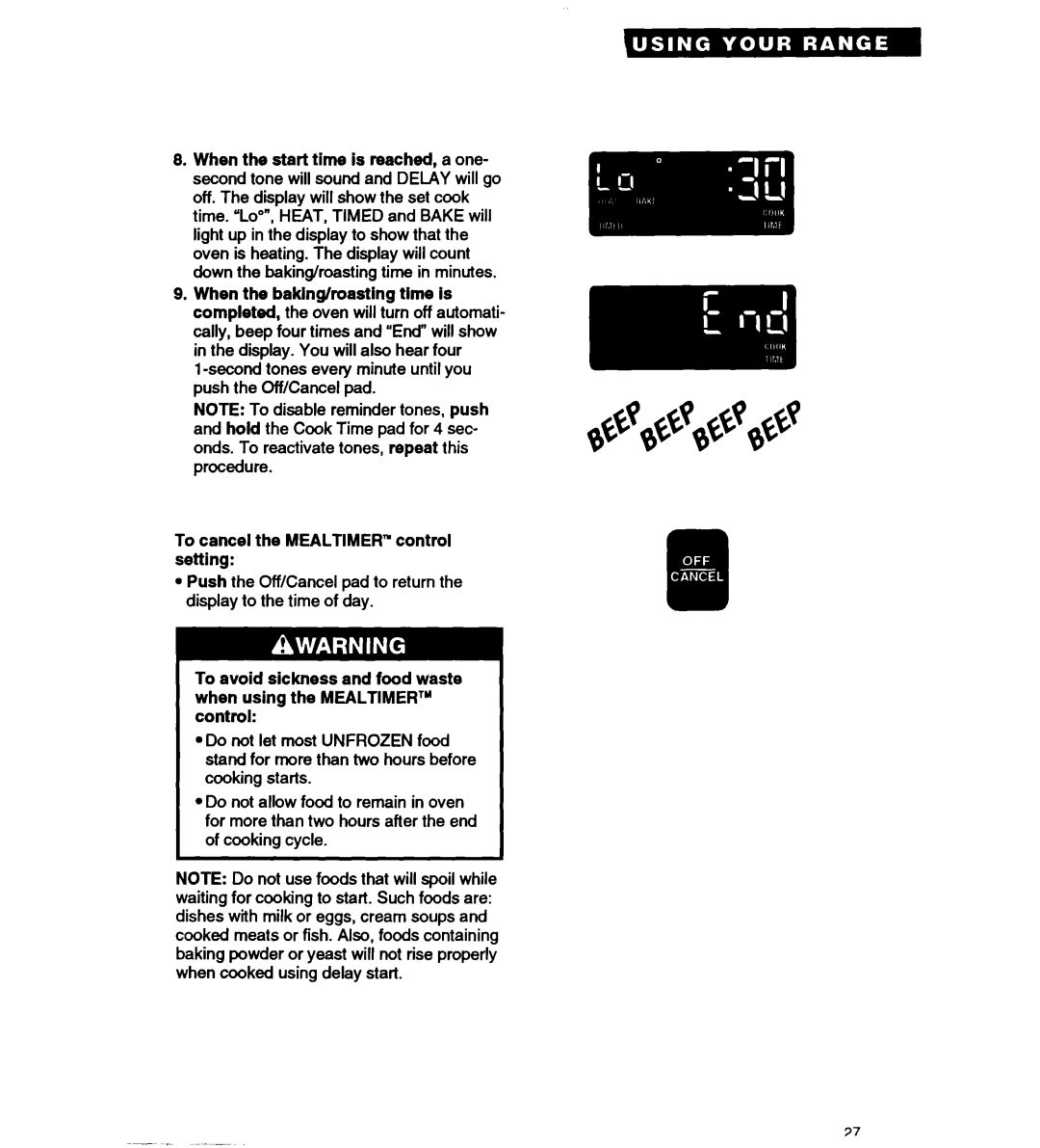 Whirlpool RS677PX important safety instructions To cancel the MEALTIMER” control setting 