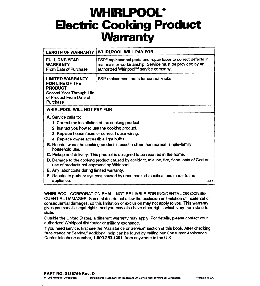 Whirlpool RS677PX WHIRLPOOL@ Electric Cooking Product Warranty, LlMllED WARRANTY FOR LIFE OF THE PRODUCT 