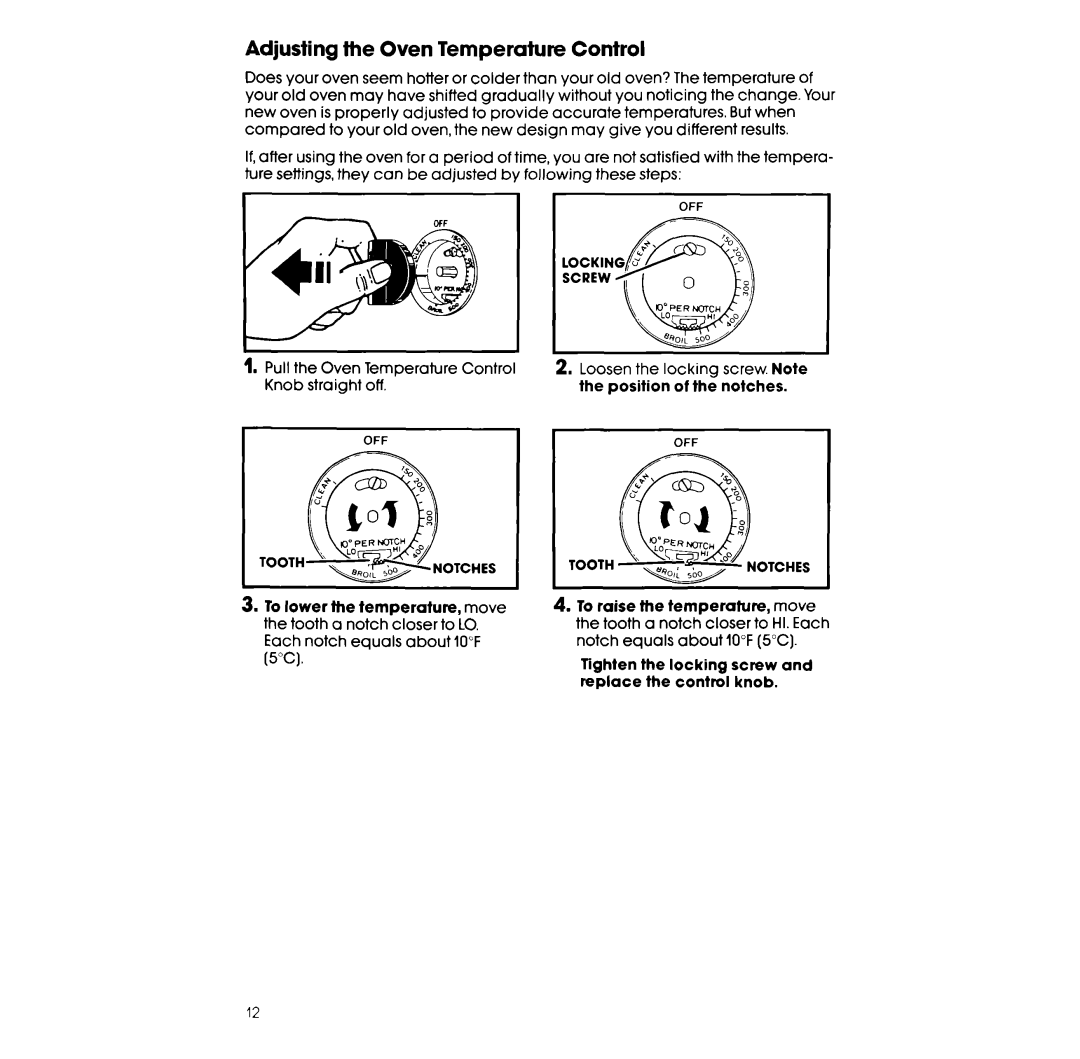 Whirlpool RS677PXV, RS676PXV Adjusting the Oven Temperature Control, Temperature Control Loosen Locking, Knob straight Off 