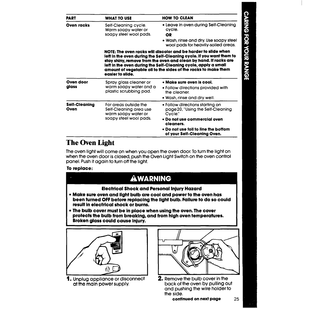 Whirlpool RS676PXV, RS677PXV manual Oven Light, Part What to USE HOW to Clean 