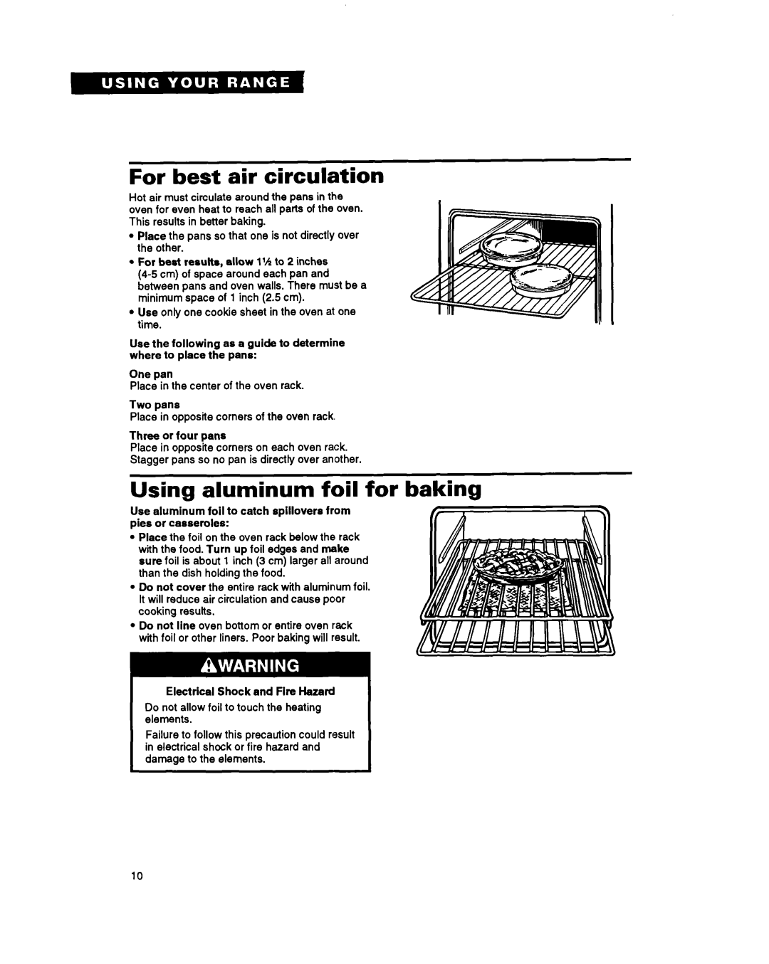 Whirlpool RS696PXB warranty For best air circulation, Using aluminum foil for baking 