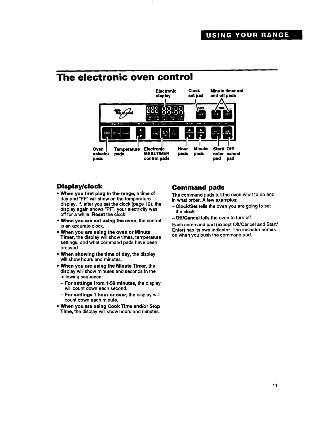 Whirlpool RS696PXB warranty Electronic Oven control, Display/clock, Command pads, Mealtimer 