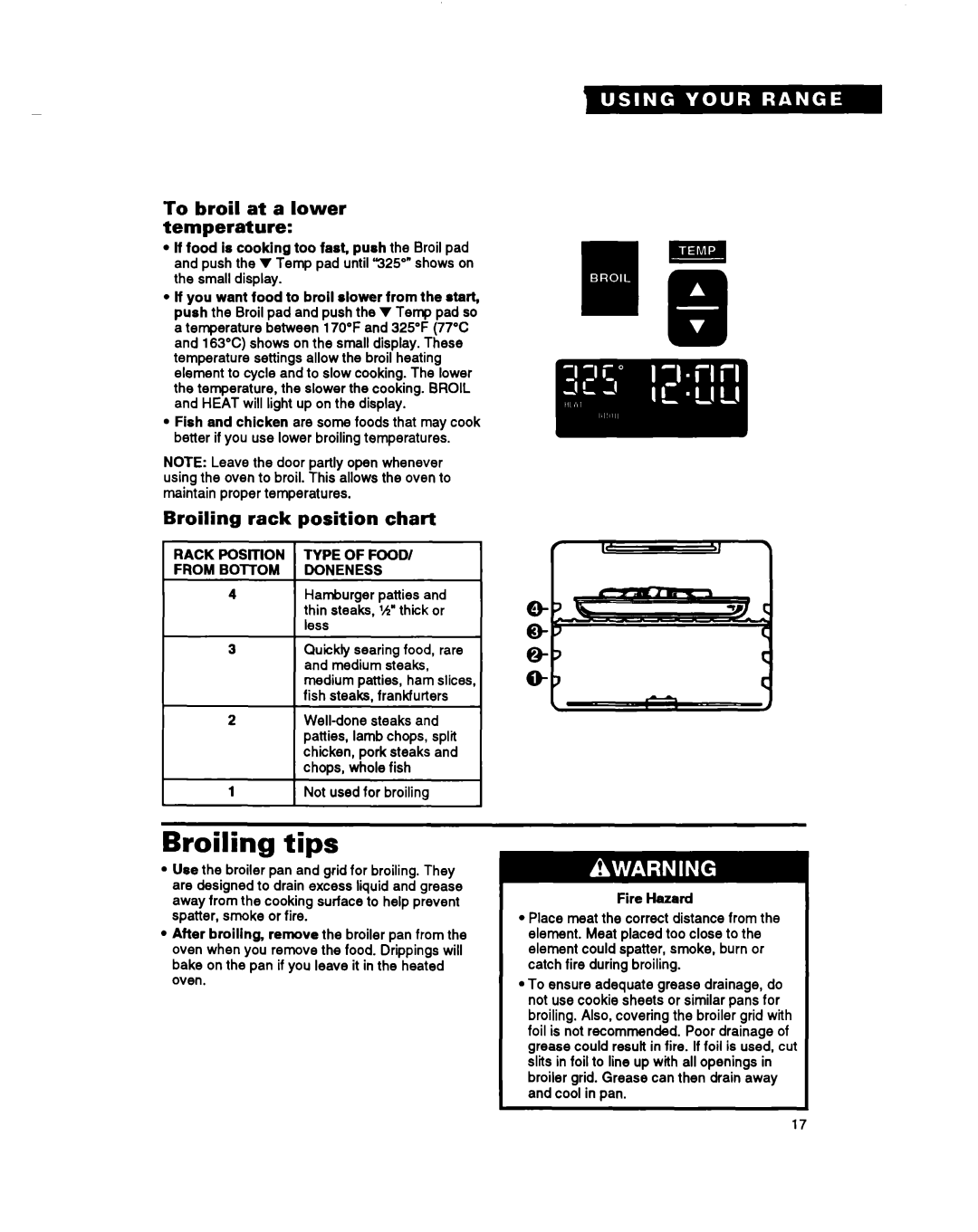 Whirlpool RS696PXB warranty Broiling tips, To broil at a lower temperature, Broiling rack position chart 