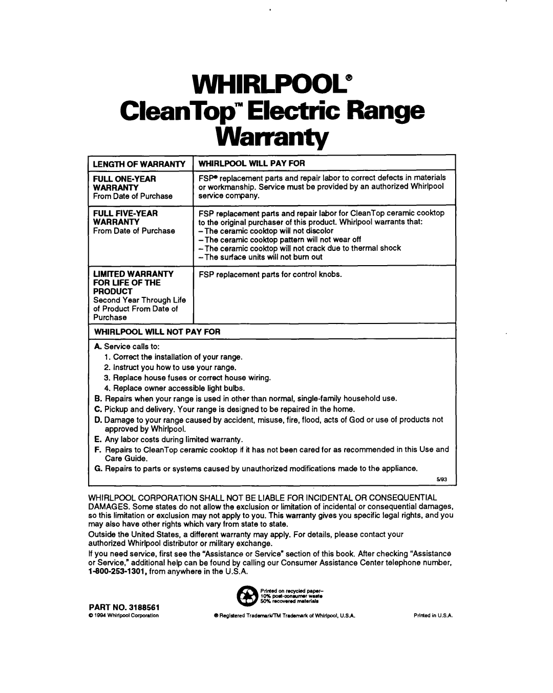 Whirlpool RS696PXB warranty CleanTop Electric Range Warranty, Length of Warranty, For Life Product 