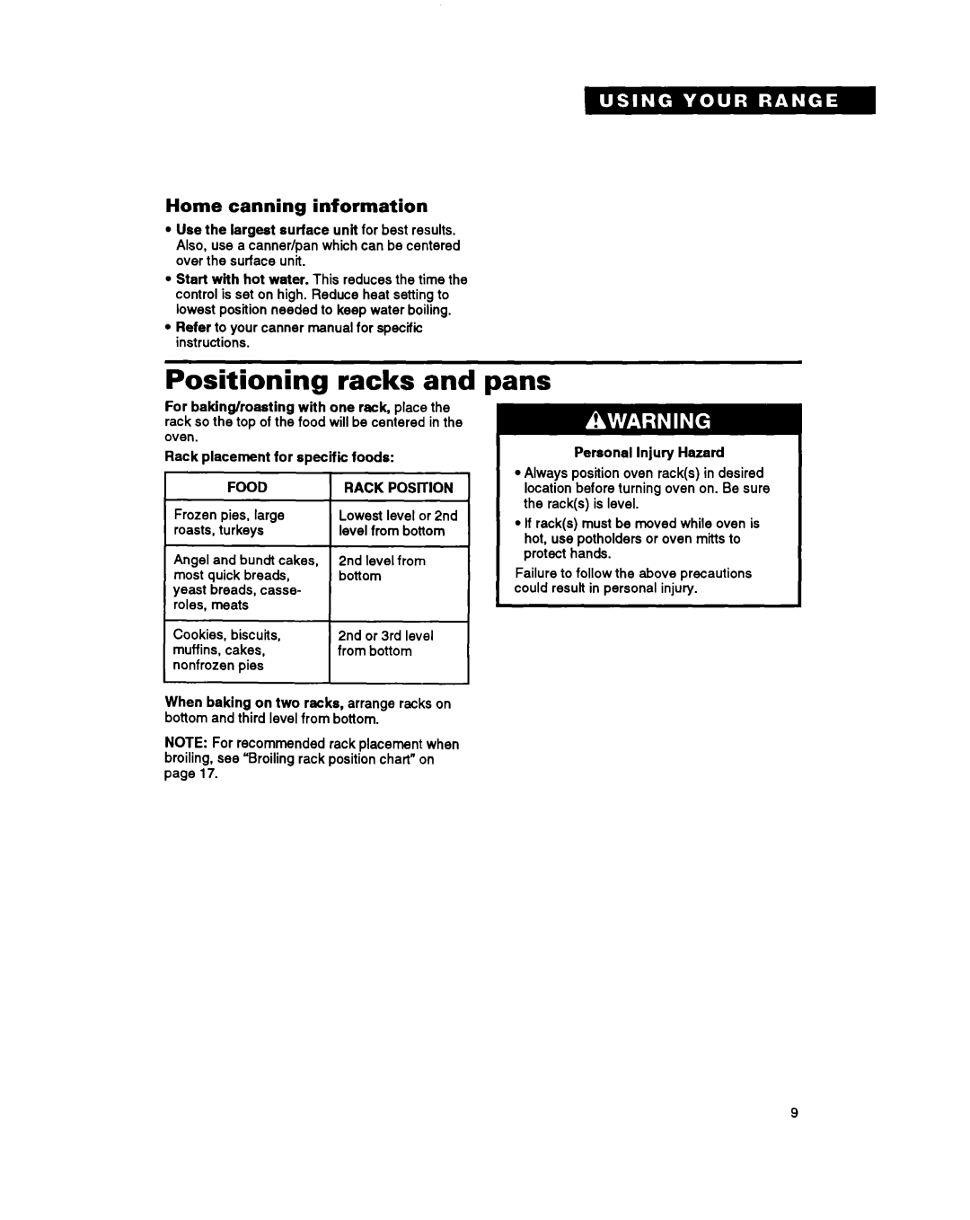 Whirlpool RS696PXB warranty Positioning racks, Pans, Home canning information, Food, Rack Position 