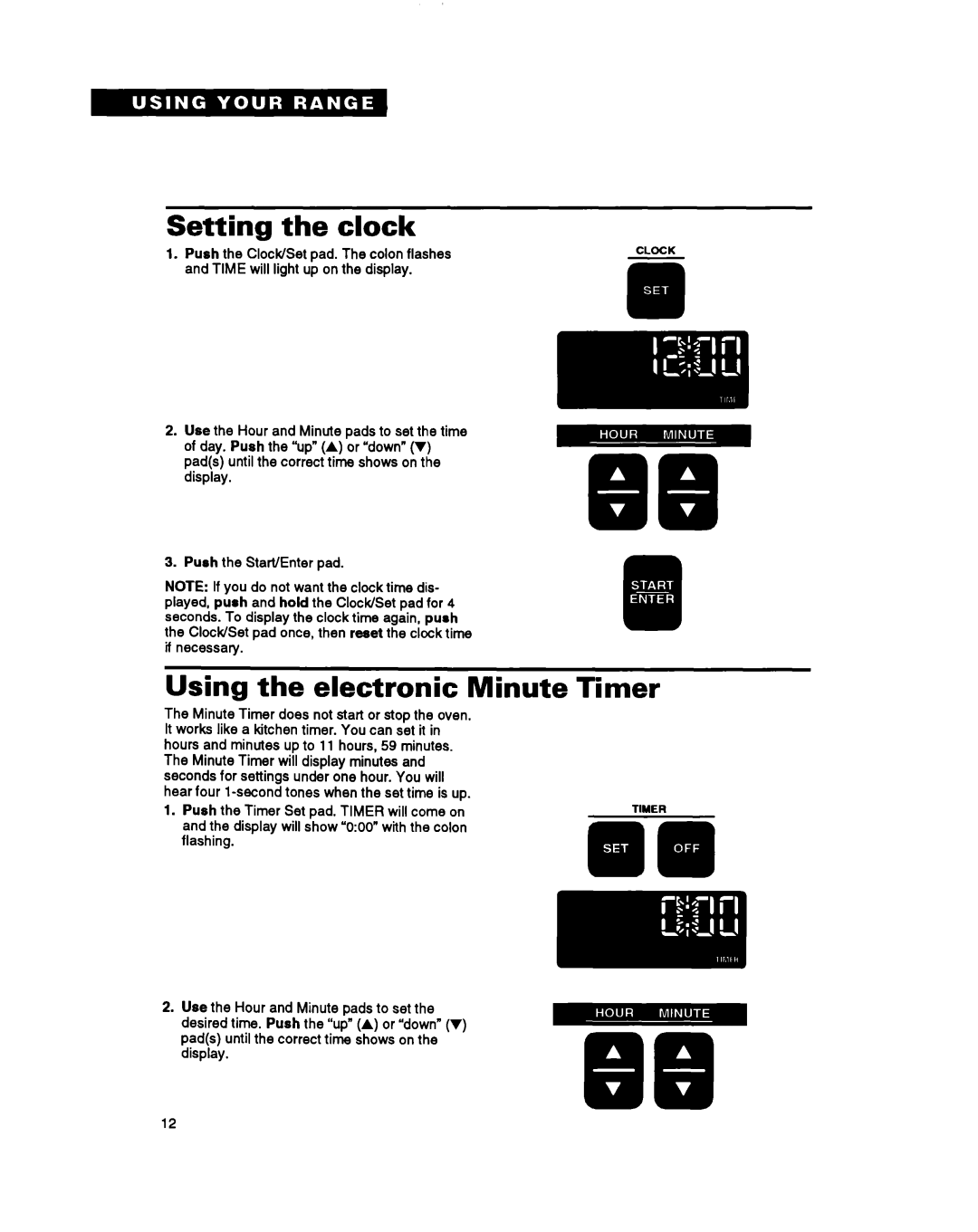 Whirlpool RS696PXB warranty Setting the clock, Using the electronic Minute, Timer 