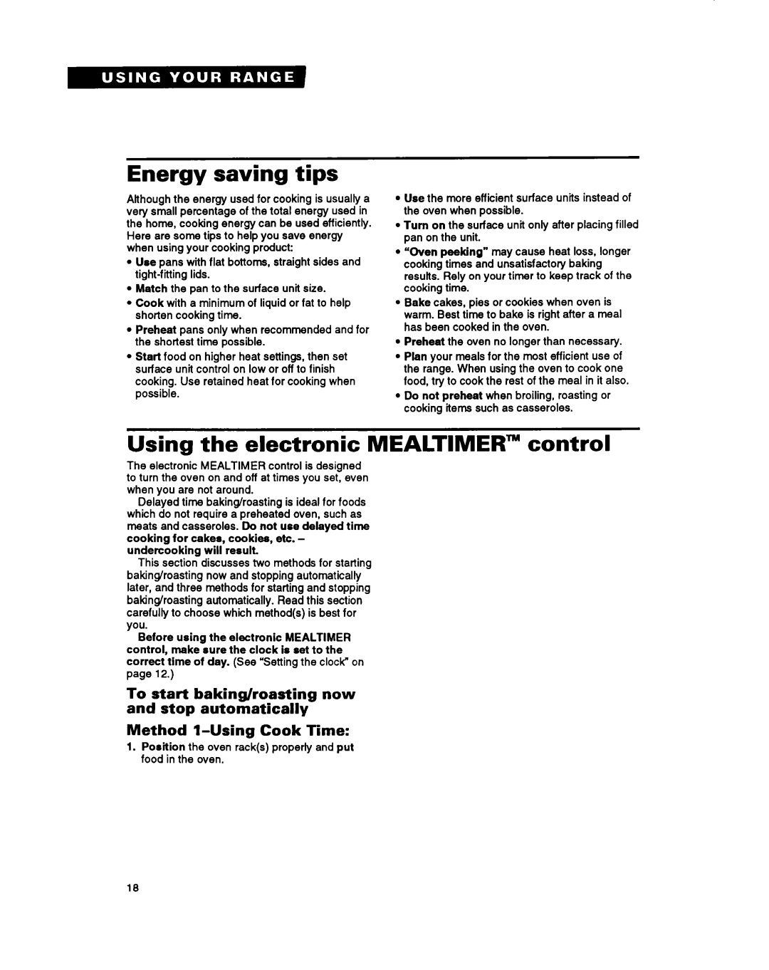 Whirlpool RS696PXB warranty Energy saving tips, Using the electronic MEALTIMER” control, Method l-UsingCook Time 