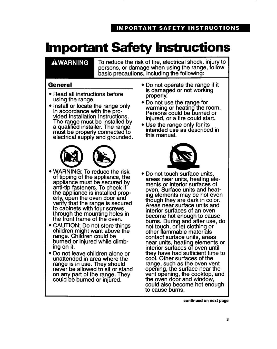 Whirlpool RS696PXB warranty Important Safety Instructions, General 